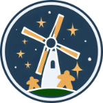 Le logo du ludogite des Curies : un moulin et des meeples.